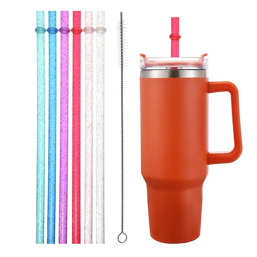 12+1 New Reusable Gold Powder Plastic Straw Car Travel Cup Straw Cup Accessories Car Cup Straws Portable with Cleaning Brush Water Cup Straw for Stanley 40oz/30oz/20oz