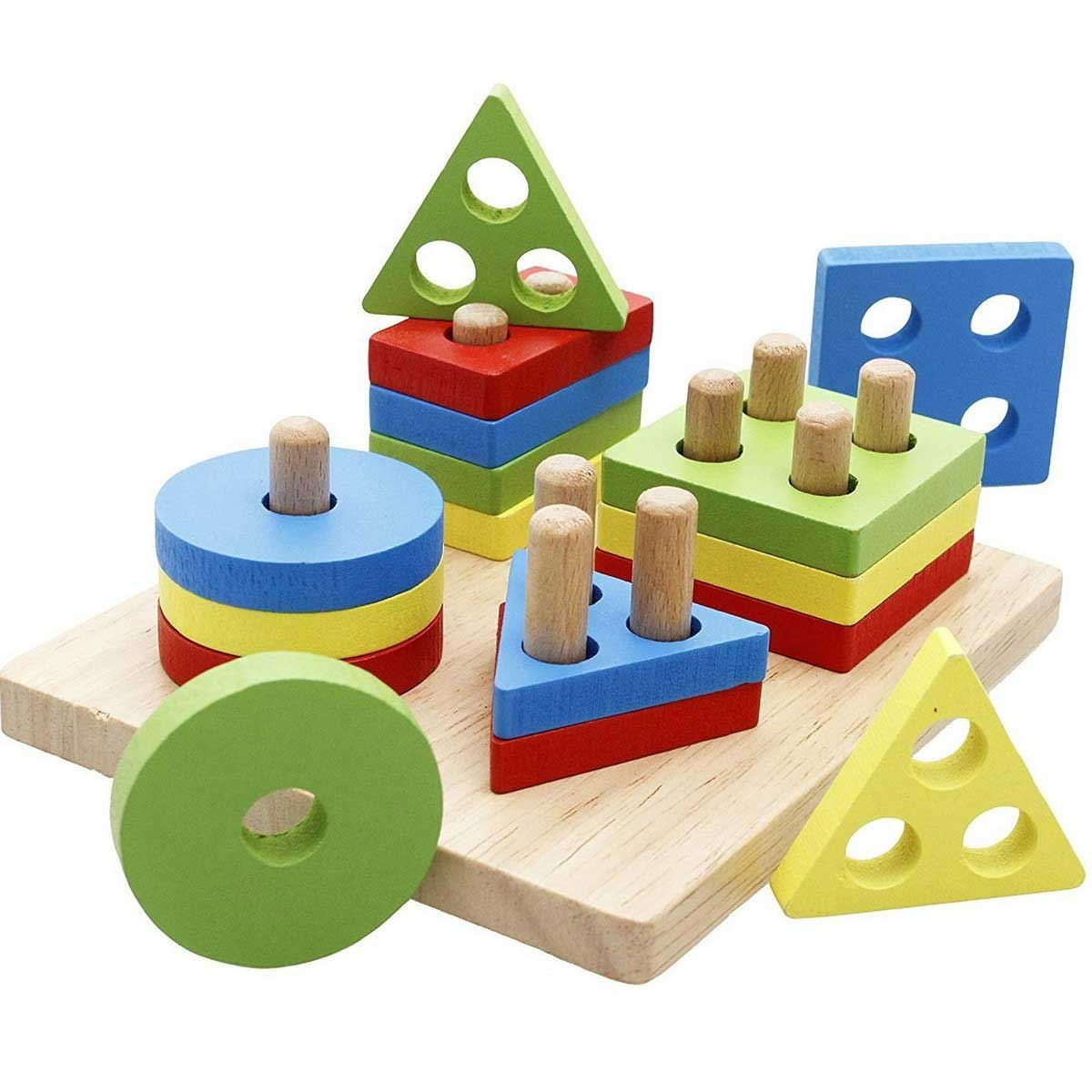 Bizzy wooden Geometric Shape Sorter | Geometric Intelligence Wooden Puzzles | Teaching Geometric Shape | Cognitive Matching Toys colorful For Kids