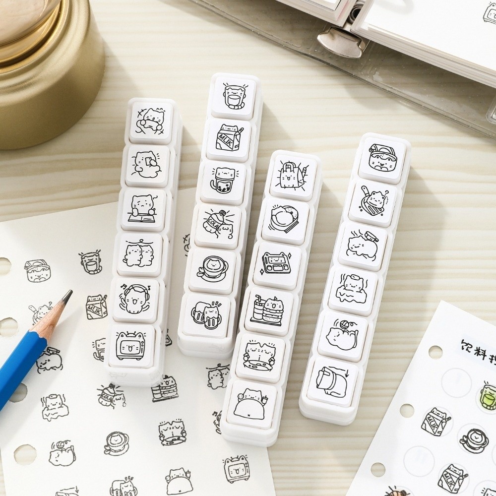 6pcs New Cute Design Cat Emotion Stamp Plastic Handle Mini Size Rubber Stamp Daily Life Series White Scrapbooking Stamp DIY Crafts