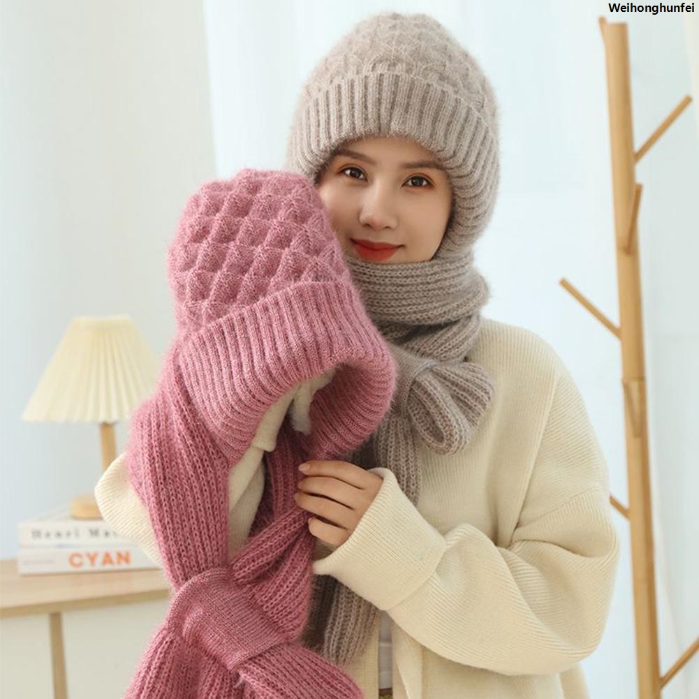 WeihonghunfeiLuxury Hat And Scarf All In One Knitted Women Winter Plush Hat Scarf Thickened Warm Hooded Ear Protection Outdoor Ski Female Beanie Cap