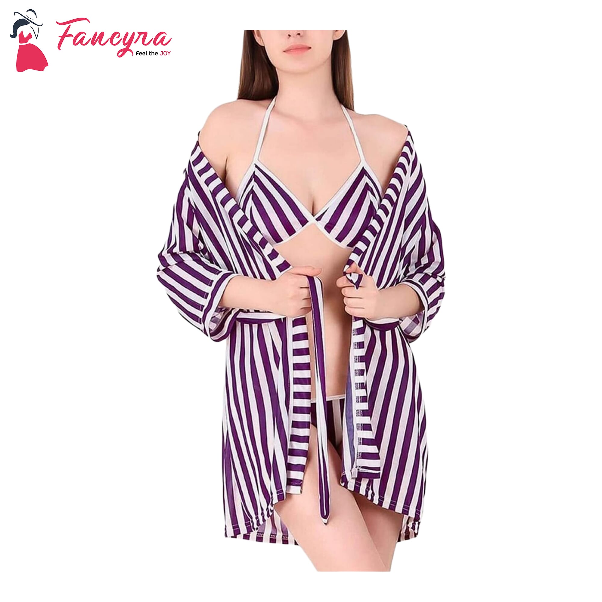 Fancyra New Satin Striped Sleepwear Set with Bra and Panty - Free Size Purple White