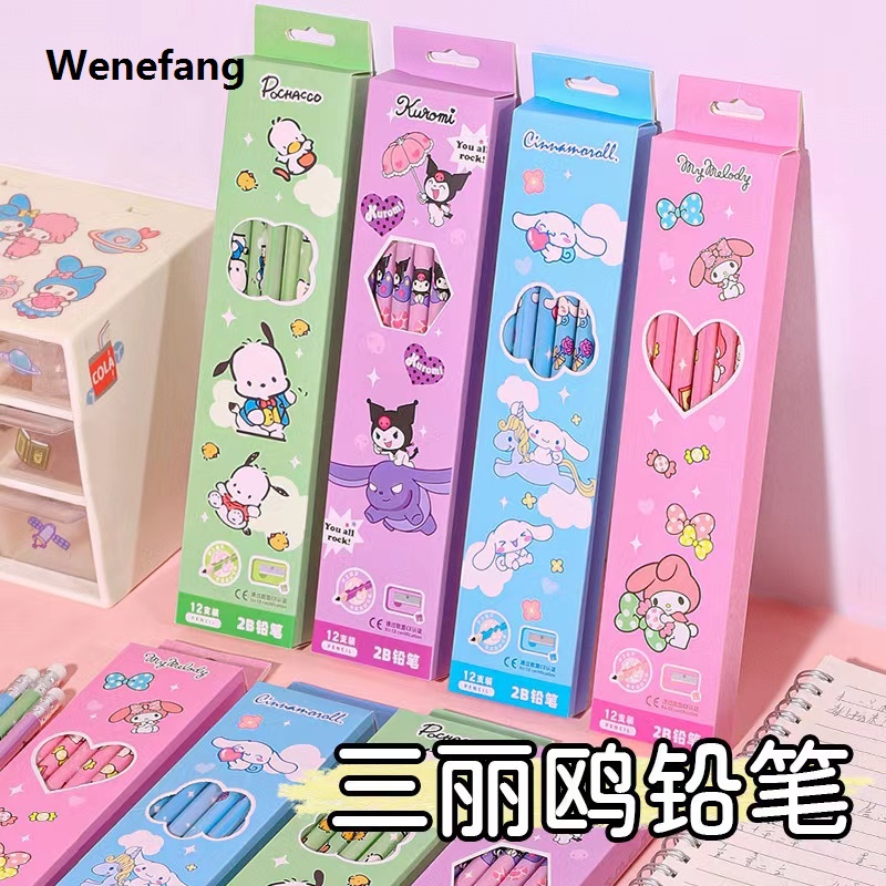 Wenefang Cartoon Sanrio My Melody Cinnamoroll Pochacco 12 pieces box with Fashion pencil sharpener wooden pencil student sketch pen writing pen