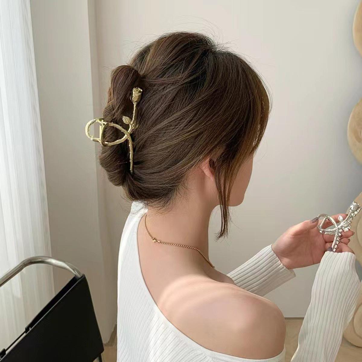 Elegant New 2023 Golden Silver Metal Rose Flower Hair Clip for Gilr Ins Acccessories