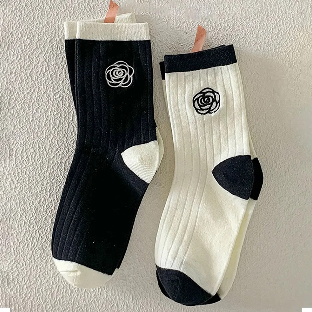 HOT Sweet Lolita Flower Cotton Socks Japanese Camellia Rose Socks Women Girls Students Ins Skirt Matching Black White Mid-tube Sock