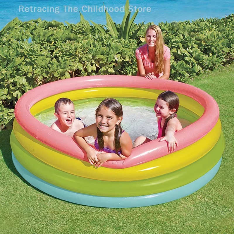 Intex 57412 Sunset Glow Inflatable Baby Pool (1.14m x 25cm) - 3-Ring Rainbow Kids Swimming Pool - Portable Outdoor Soft Floor Splash Pool for Toddlers - PVC Water Toy