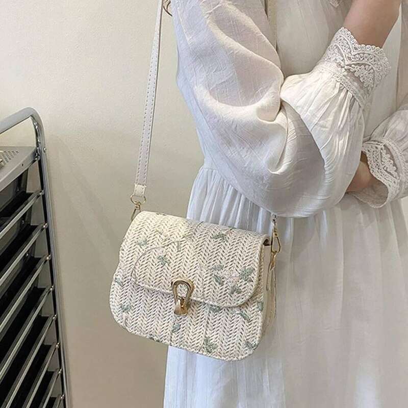 Flower Woven Saddle Bag Women Cute Straw Shoulder Trendy Casual Handbag Ladies Lace Embroidery Crossbody Bags