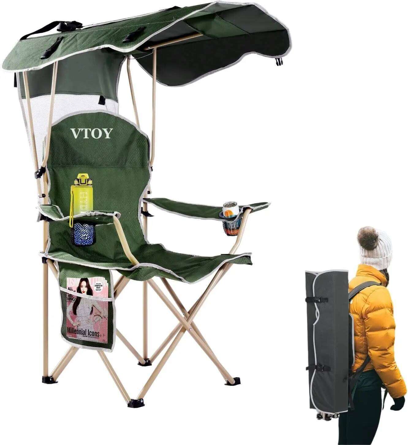 Foldable camping chair with two cup holders and storage bag for 50 high x 36 inch broadband sunshade