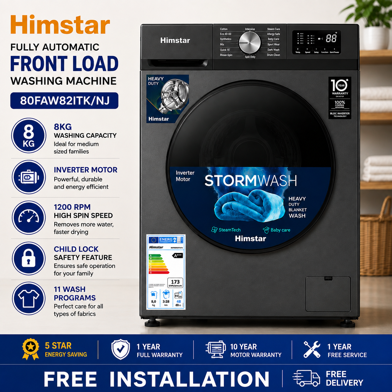 Himstar 8KG Inverter Motor Front Load Fully Automatic Washing Machine | HW-80FAW82ITK/NJ | 1200RPM Fast Spin Dry | LED Touch Panel | 11 Wash Programs | Delay Start | Child Lock | Energy Efficient