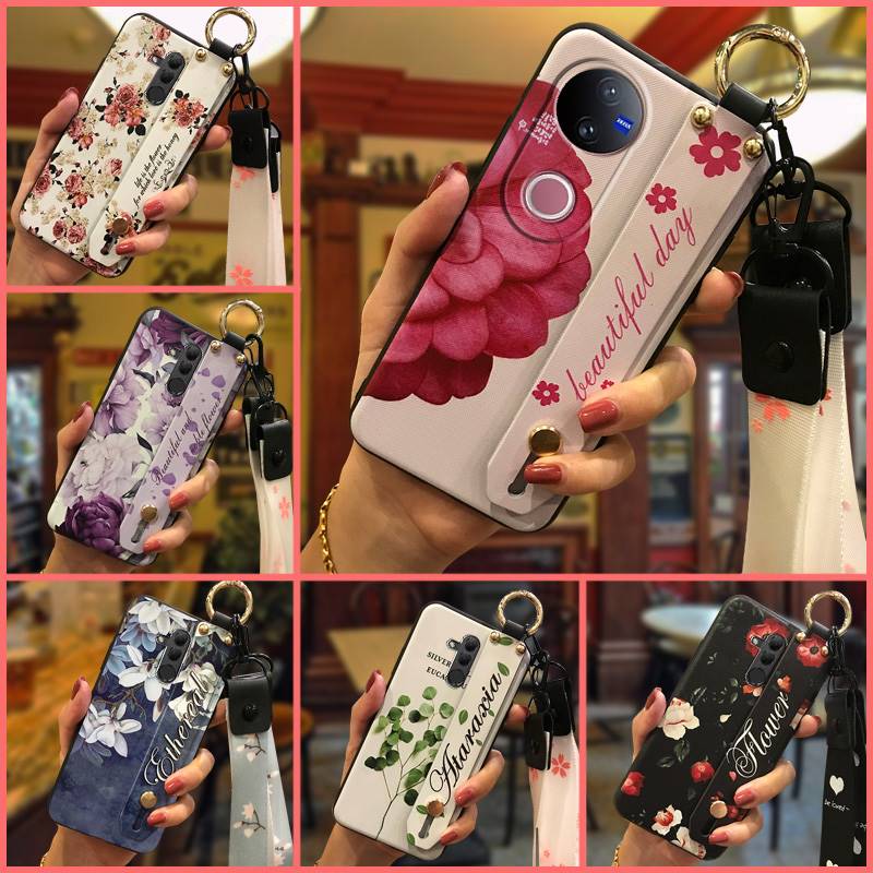 Lanyard Kickstand Phone Case For VIVO V21E 5G/Y71T Shockproof Waterproof Wrist Strap Flower Soft case Dirt-resistant