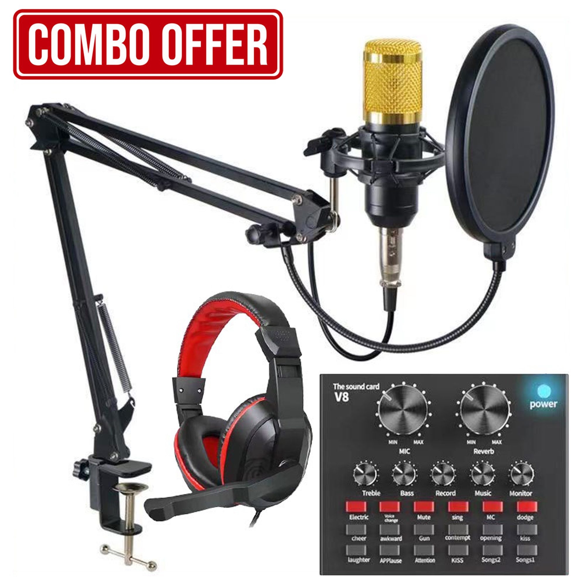 Professional 3-in-1 Podcasting Kit - Includes Condenser Microphone, Headphones, and Sound Card