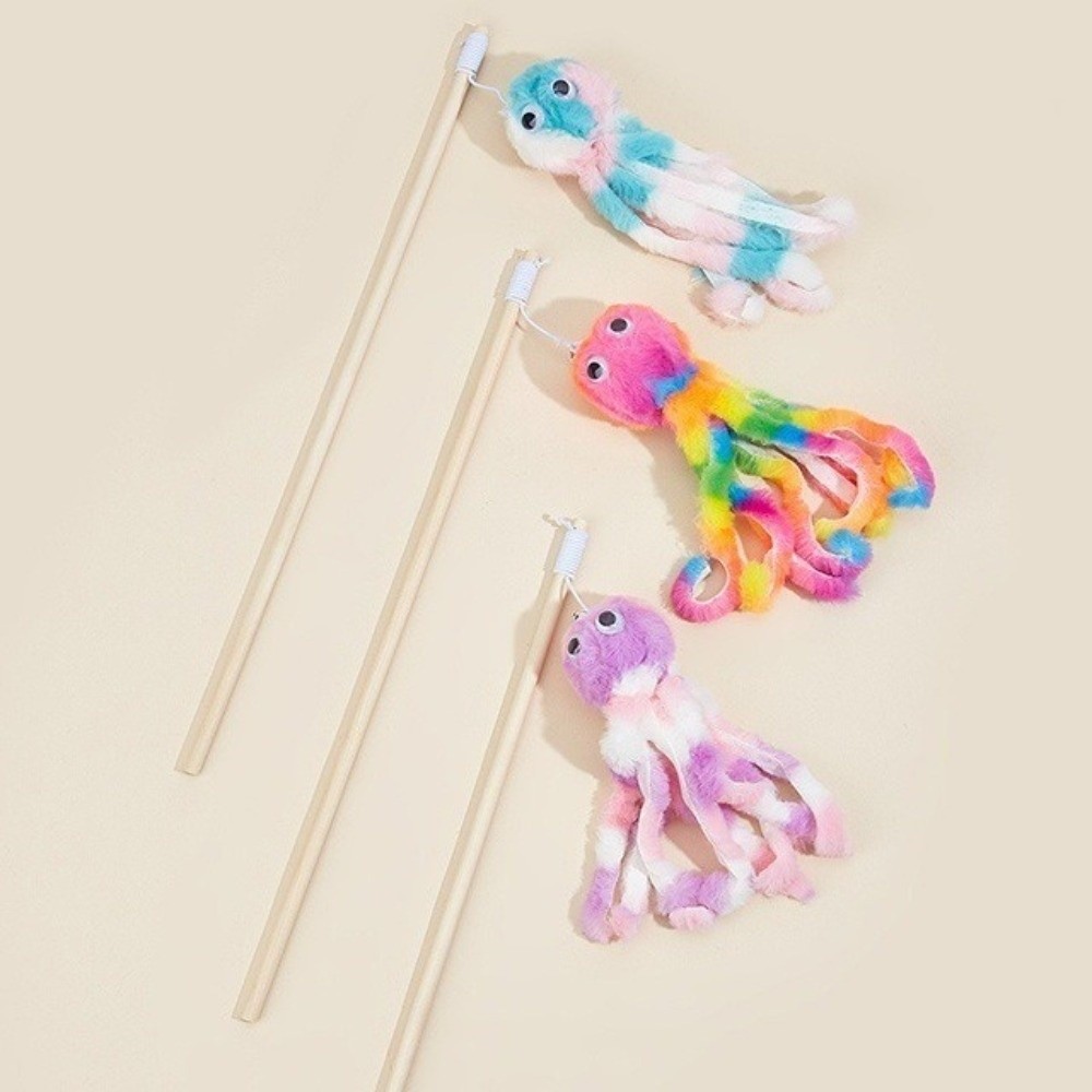 New Cute Octopus Cat Teasing Wands Plushie Animals Funny Catcher Pet Cat Teaser Long Handle Teaser Stick Rod Indoor Play
