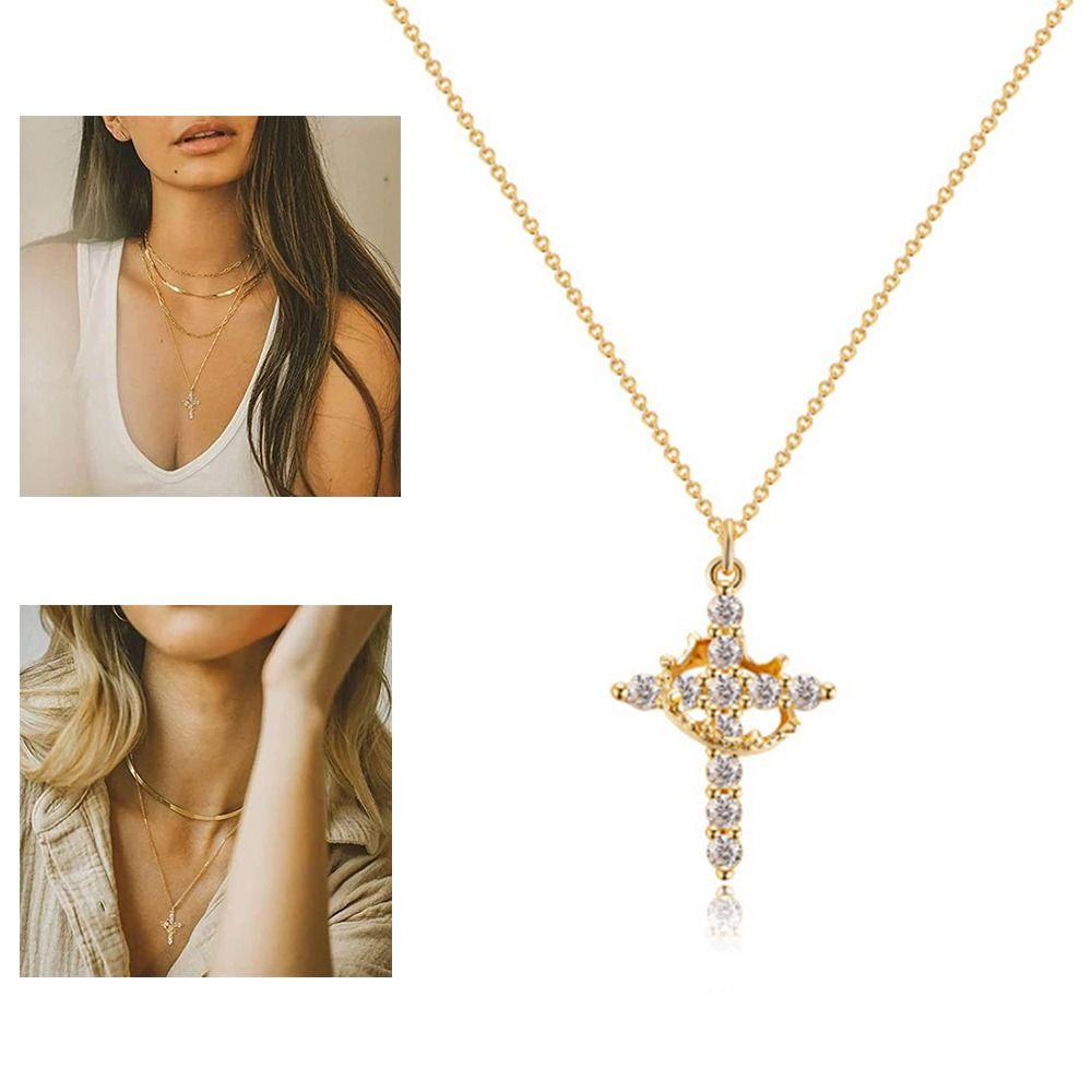 Fashionable Cross Cross Pendant Necklace Copper Gold/Silver Zircon Crystal Necklace Retro Cross Collar Chain Woman