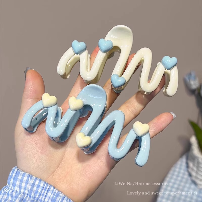Cream blue heart wave hairpin female back of head coil hair grab clip shark clip cute hairpin