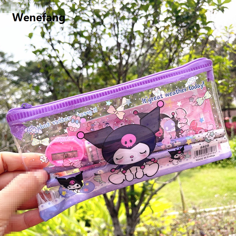 Wenefang 6pcs/set Anime Sanrio Melody Kuromi Stationery Set Cinnamoroll Luxury Student Cartoon Pencil Eraser Ruler Pen Bag Storage Set School