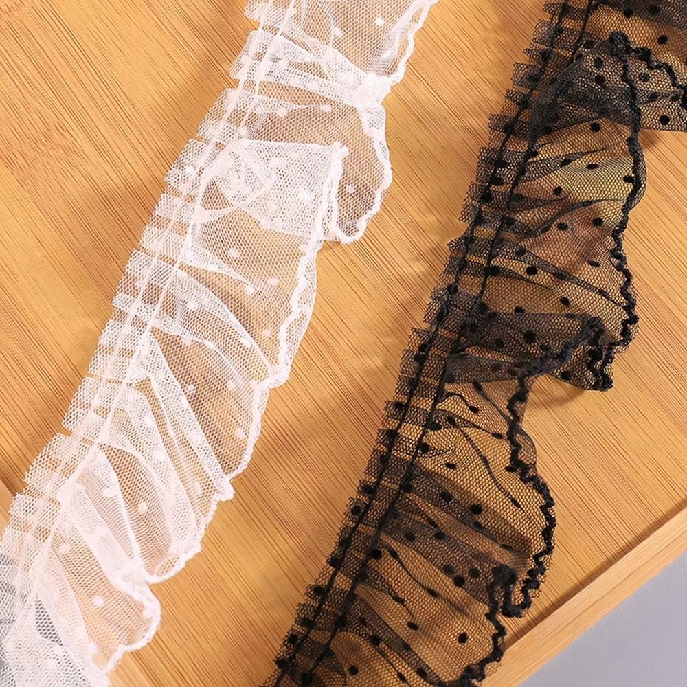 Retro Black/White Mesh Lace Trim Elegant Vintage Pleated Lace Trim Tulle Soft Polka Dot Mesh Ribbon Lolita Decoration