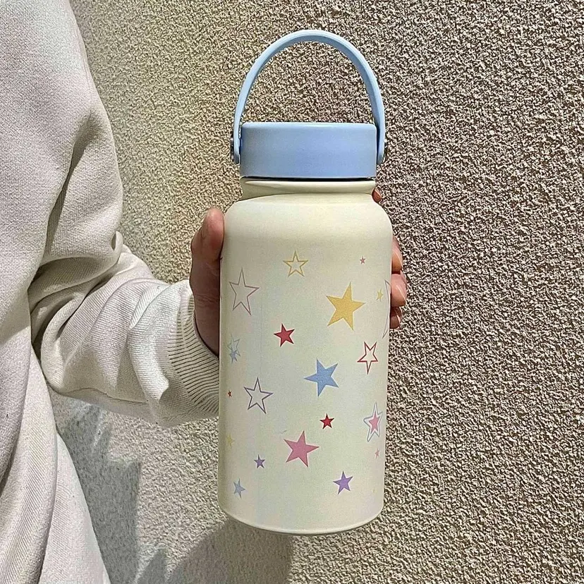 Portable 900ML Insulated Cup Double Wall Cartoon Vacuum Flasks with Straw Leak-proof Thermos Bottle Car Travel