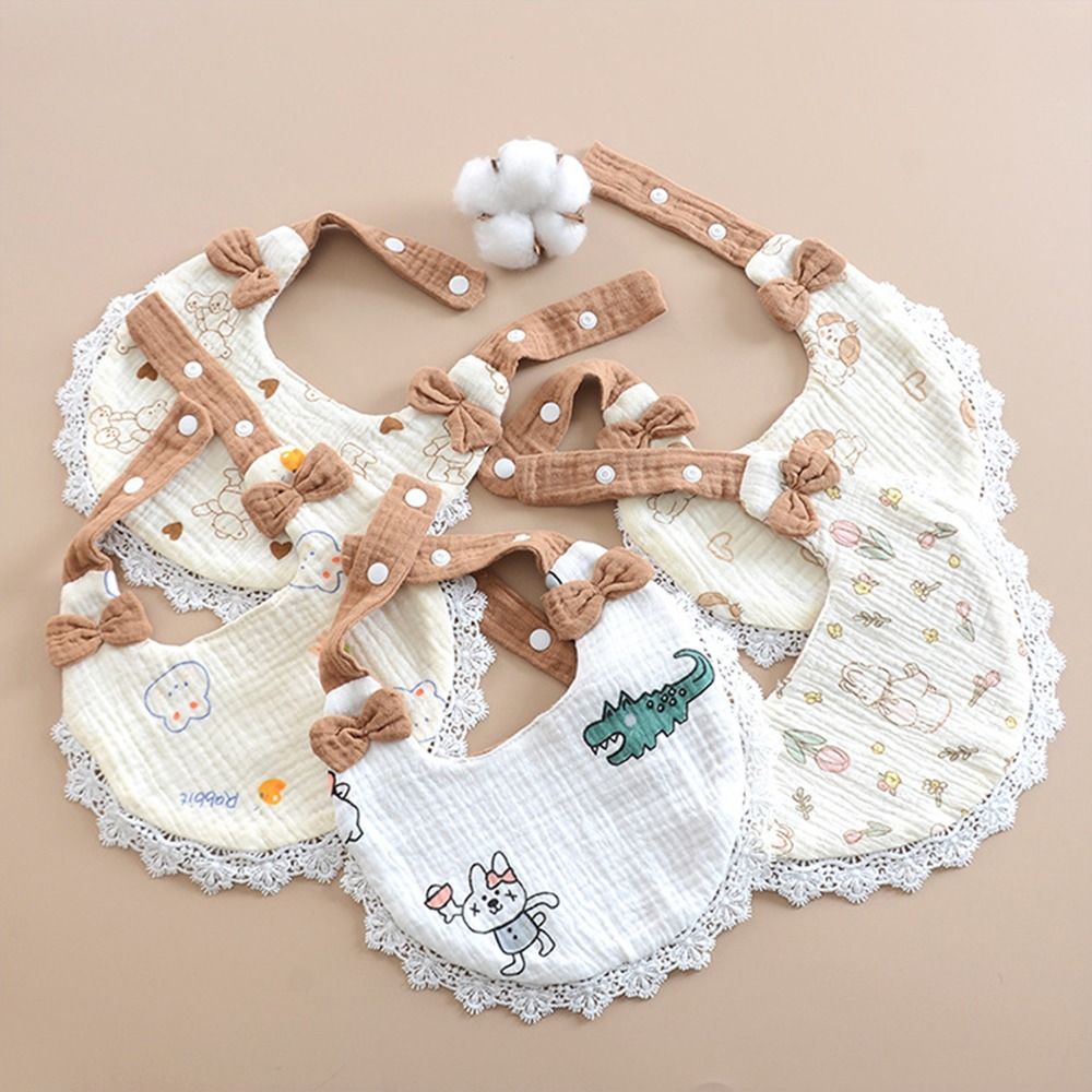 Cartoon Print Pure Cotton Baby Feeding Bib Soft Gauze Breathable Cotton Drool Towel Anti-spit-up Snap Button Lace Bow Burp Cloth Newborns