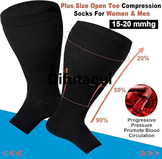 Difutagui Socks toe no support calf socks compression enlarged double 1 size Portable ladies wide open toe gradient medical stockings flight pressure