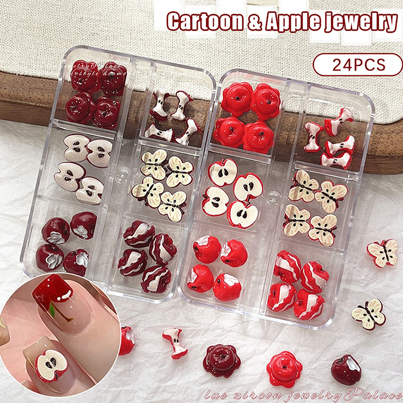 24Pcs/Box Creative Red Apple Resin Nail Charms Fruit Flatback Nail Art Slices Sweet Accessories For DIY Nail Art Decorations 5a63