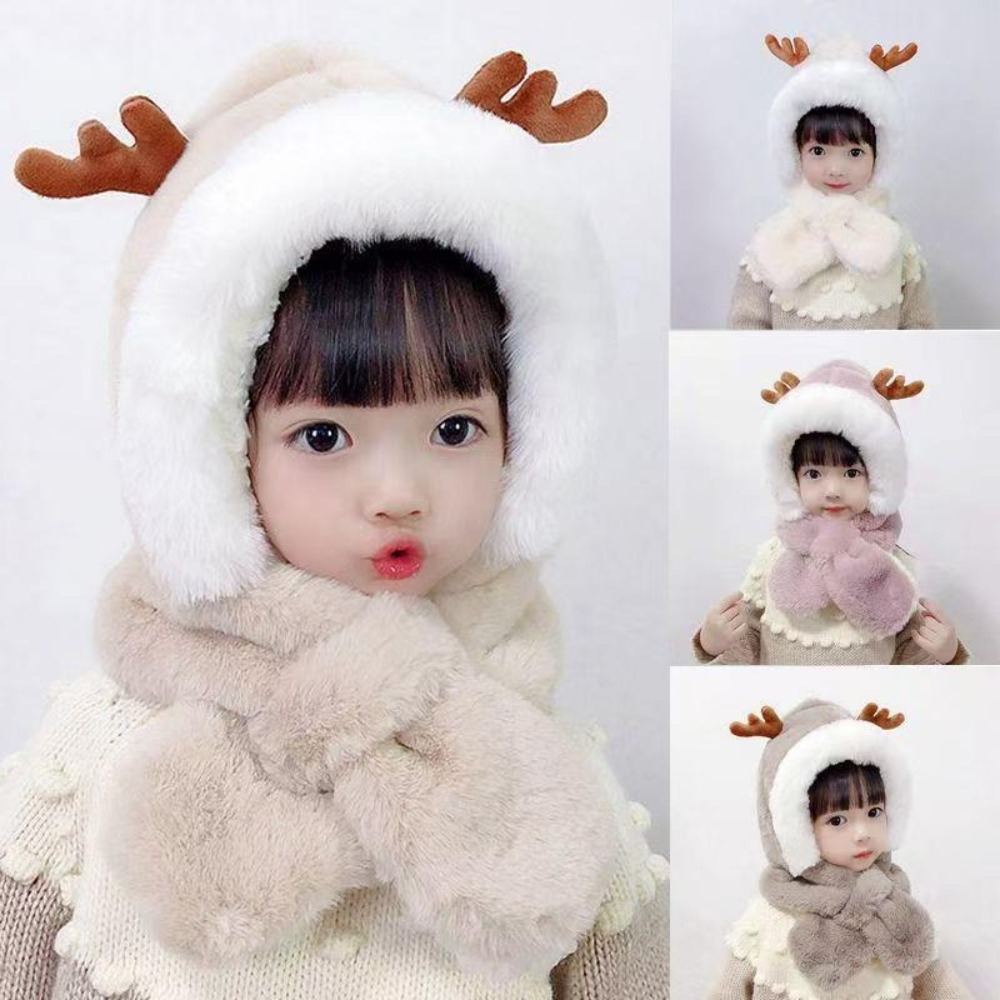 Fashion Faux Fur Baby Hats Scarf Set Cartoon Panda Thick Warm Neck Ear Cap Windproof Neck Protection Kids Hooded Scarf Winter