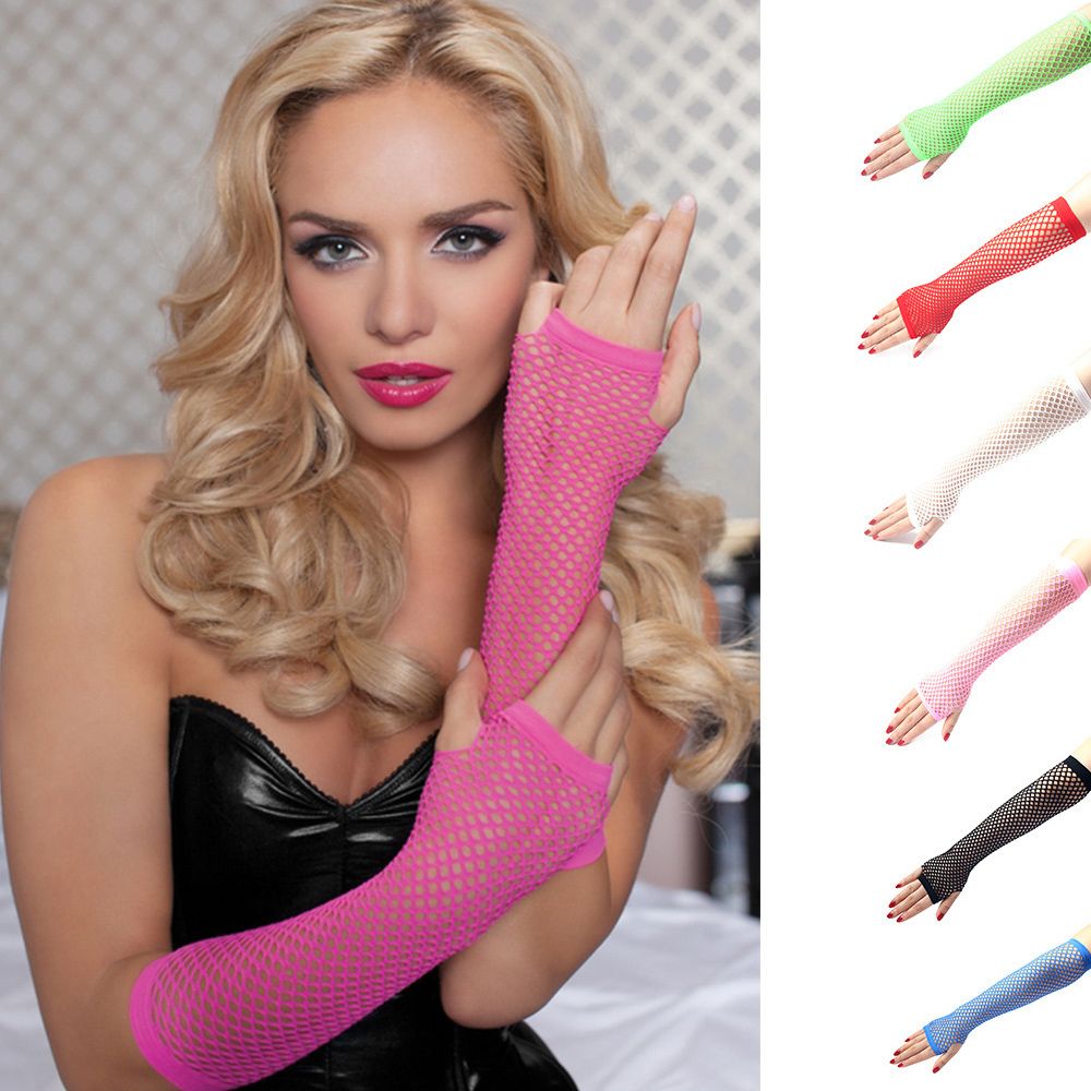 Women Costume Holes Fingerless Fishnet Gloves Mittens Hollow Out