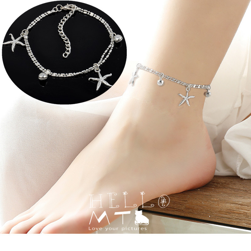 【New Arrivals】Explosions Korean starfish anklet ankle decoration double five-pointed star bell anklet factory direct small jewelry