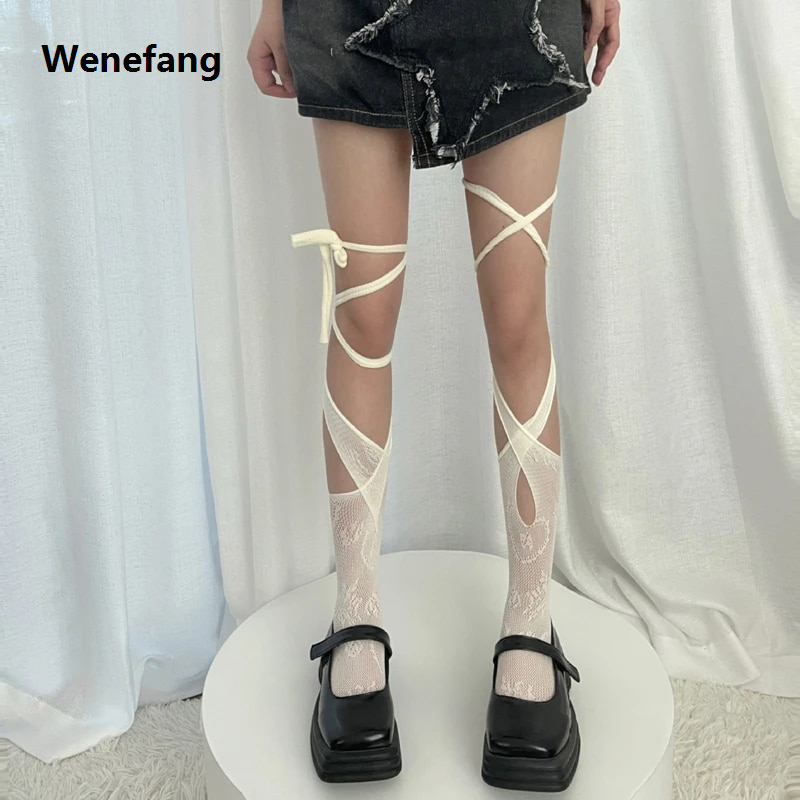 Wenefang Summer Lace Thigh High Stockings Transparent Irregular Bandage Stockings Niche Sweet Cool Hot Girl Half-Knee Split Toe Socks