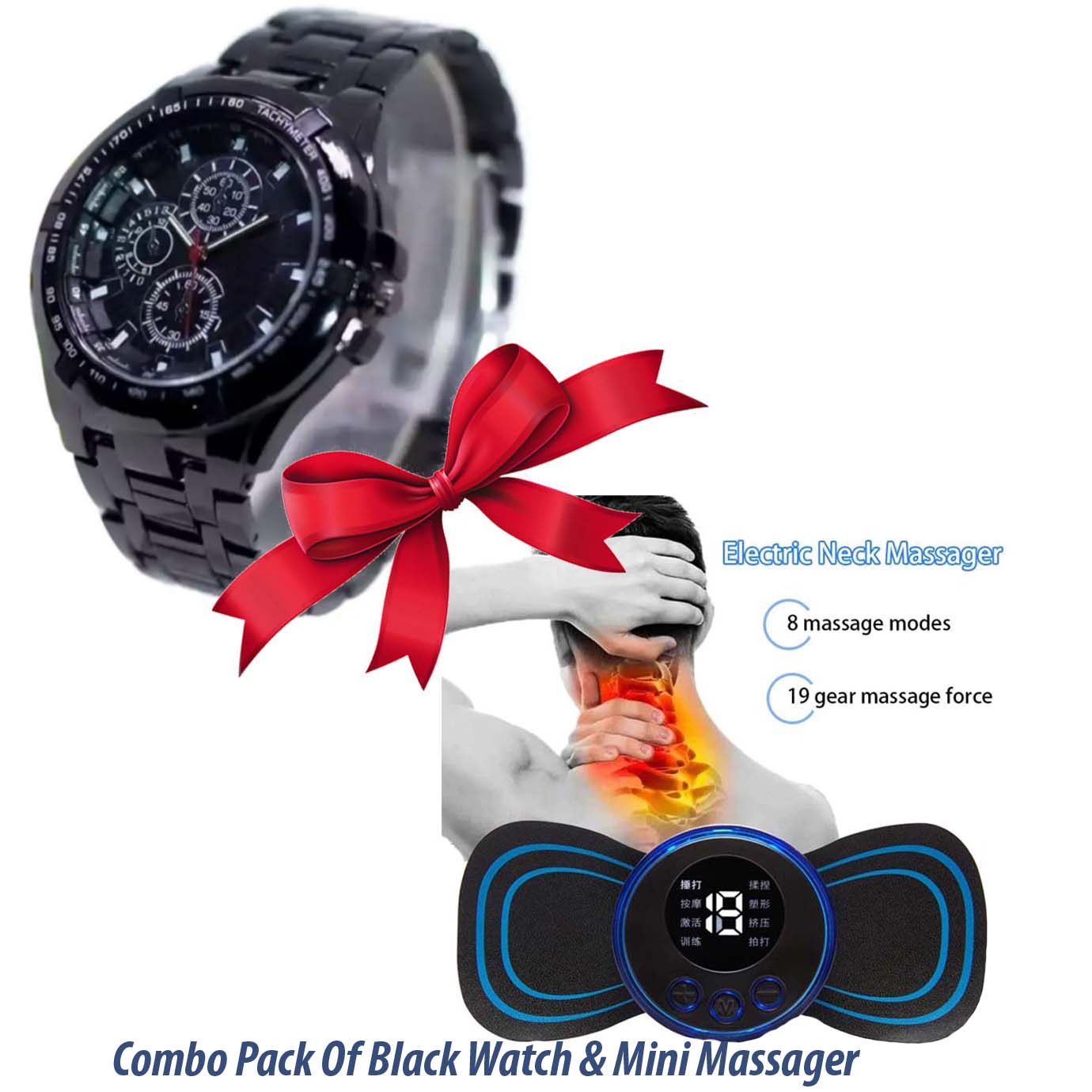 IK Collection Black Stainless Steel Fashionable Watch For Men & Mini EMS Massager Combo Set ||