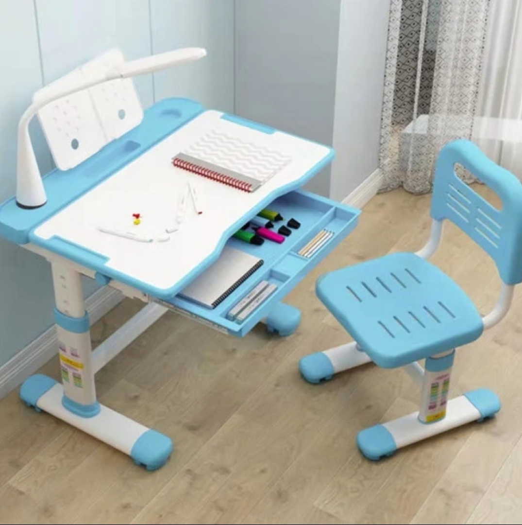 Kids Desk and Chair Set, Height Adjustable Children Study Desk, Children Study Desk with Spacious Storage Drawer for Boys Girls School Home Study Tool (Blue)