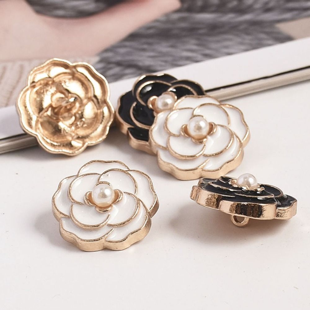 5PCS Shirt Camellia Flower Rose Buttons Vintage Alloy Clothing Button Black White Sewing Button Clothing Sewing