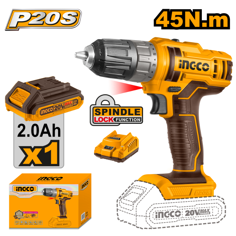 Ingco Brand New 20V Lithium-Ion Cordless Drill 45Nm