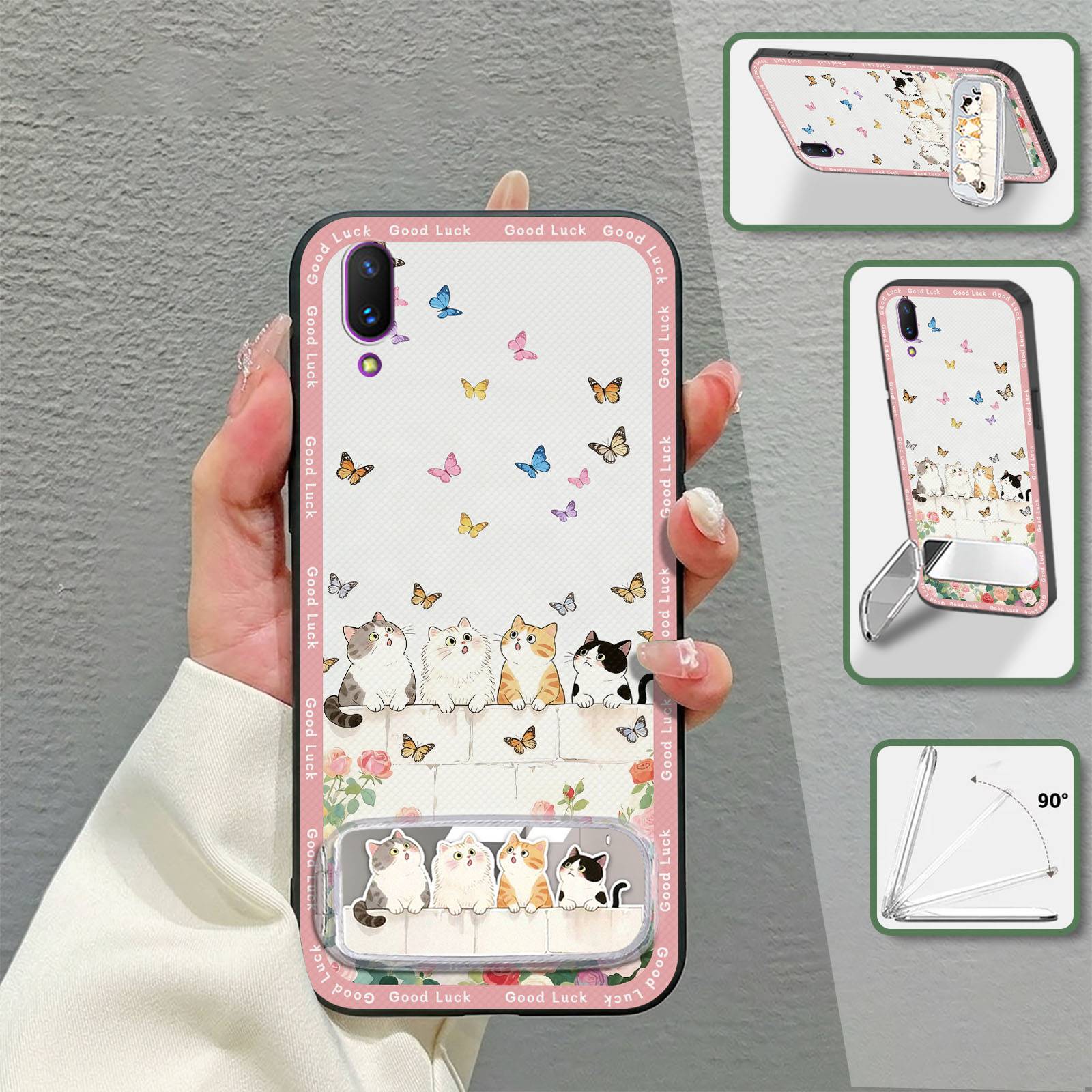 Kickstand Back Cover Phone Case For VIVO X23/V1809A/V1809T Waterproof Cloth Patch Protective Cute Makeup Mirror Durable