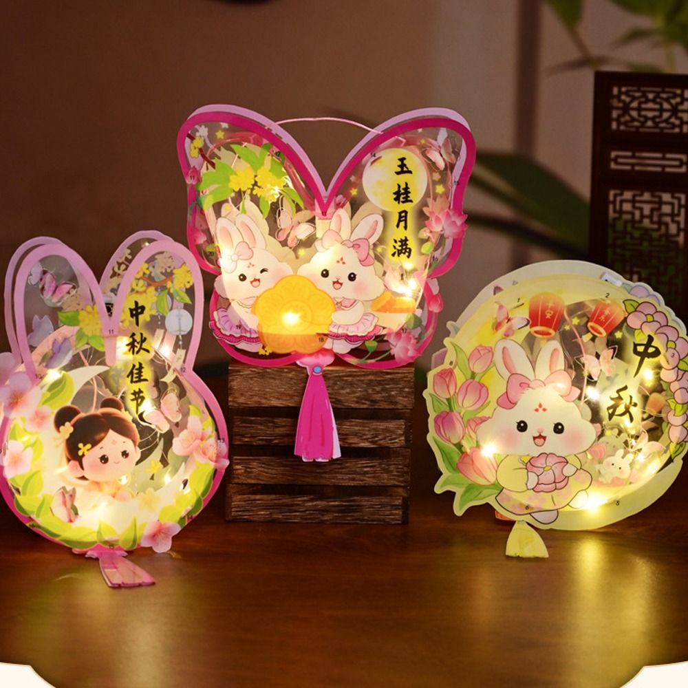 Creative Cartoon Chinese Rabbit Lantern Blessing Handmade Portable Handheld Lamp Traditional LED Lantern Toys School Project