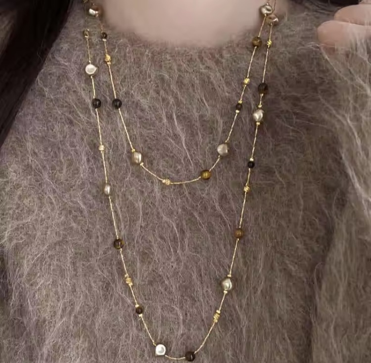 Masala Beads New Maillard Style Brown Beaded Long Sweater Chain For Women's Necklace Vintage Double Layered Pendant Necklaces Jewelry Gift
