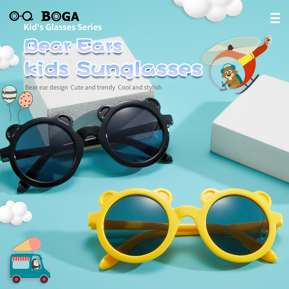 OQ BOGA 9 Colors Unisex Cute Bear Frame Anti UV Kids Sunglasses Children Outdoor Eye Protection Full Rim Sun Glasses