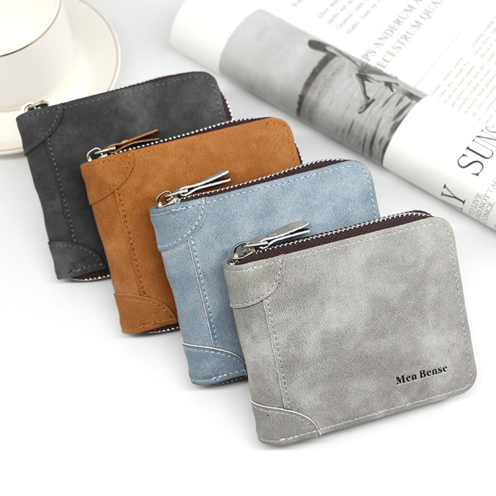 Simple Vintage Short PU Wallet Bifold Zipper Business Clutch Bag Large Capacity Frosted Male Coin Purse Unisex