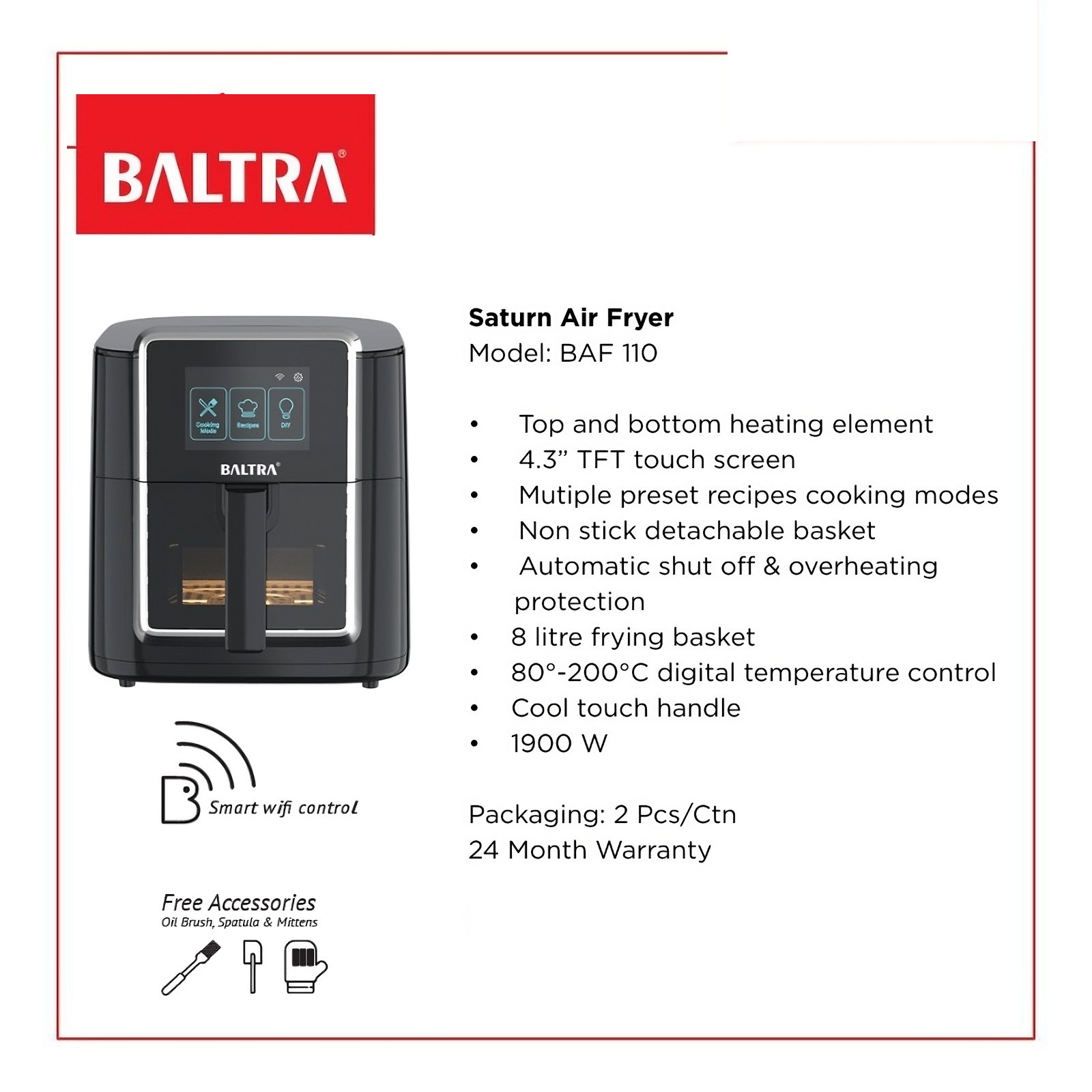 Baltra Satrun Airfryer With 4.3” TFT Touchscreen Display | Smart Wi-Fi Control | 8 Ltr