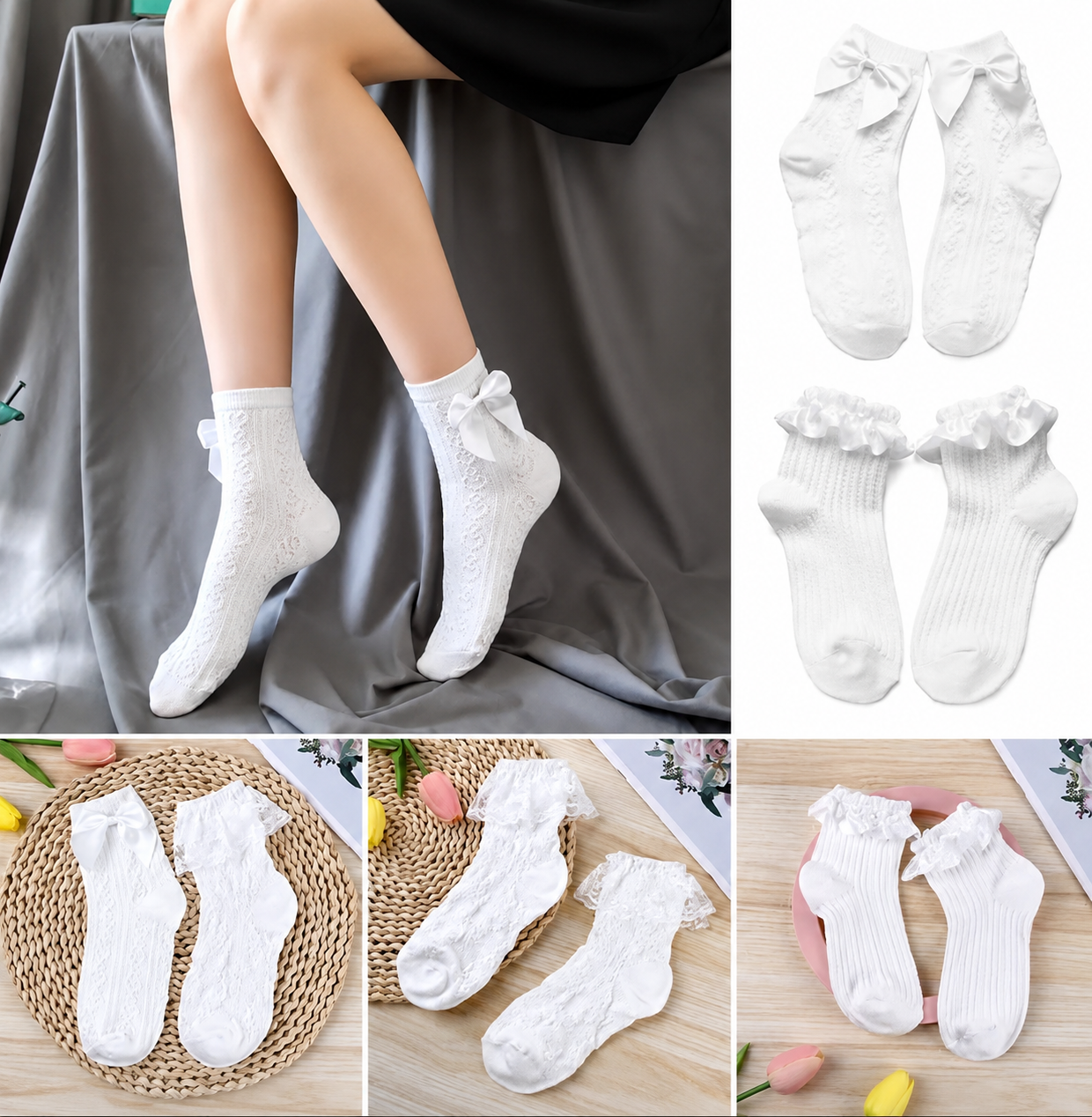 1 Pairs Girls Lace Bow Socks Set - Cute Princess Ruffle Ankle Socks for Women & Teen Girls | Soft Cotton Korean Style Frilly White Socks | Casual, School & Party Wear