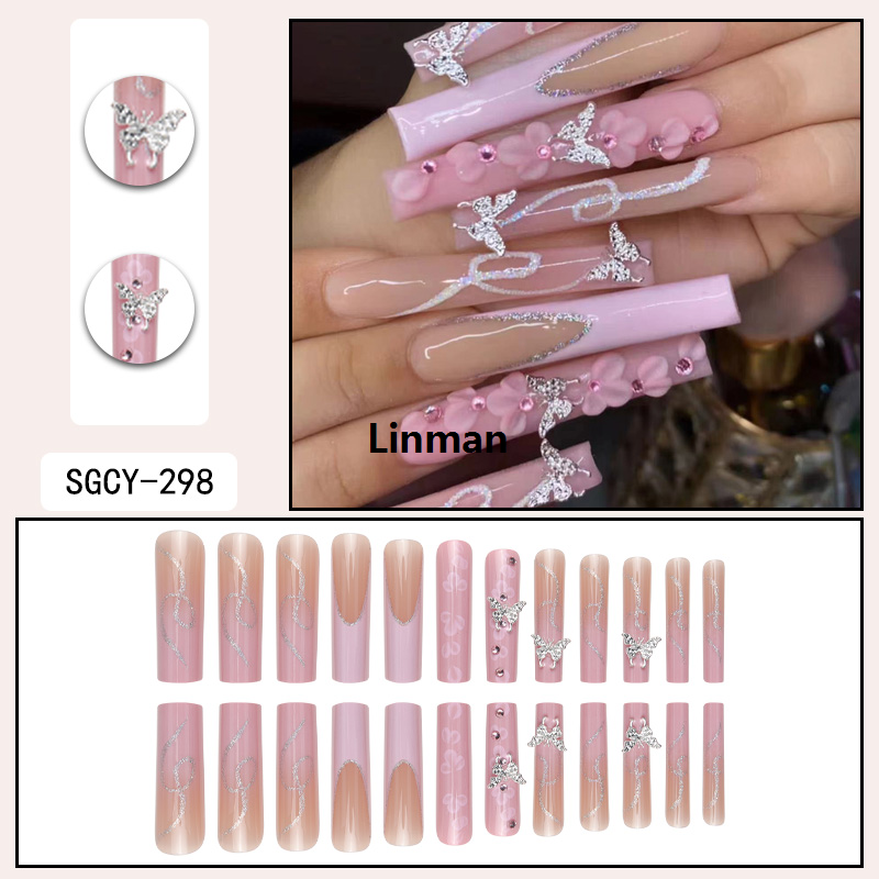Linman 24 Pieces of Ultra Long Coffin Shaped press on nails French Portable gradient flower Pattern 3D Butterfly Dot Diamond Glossy Nails