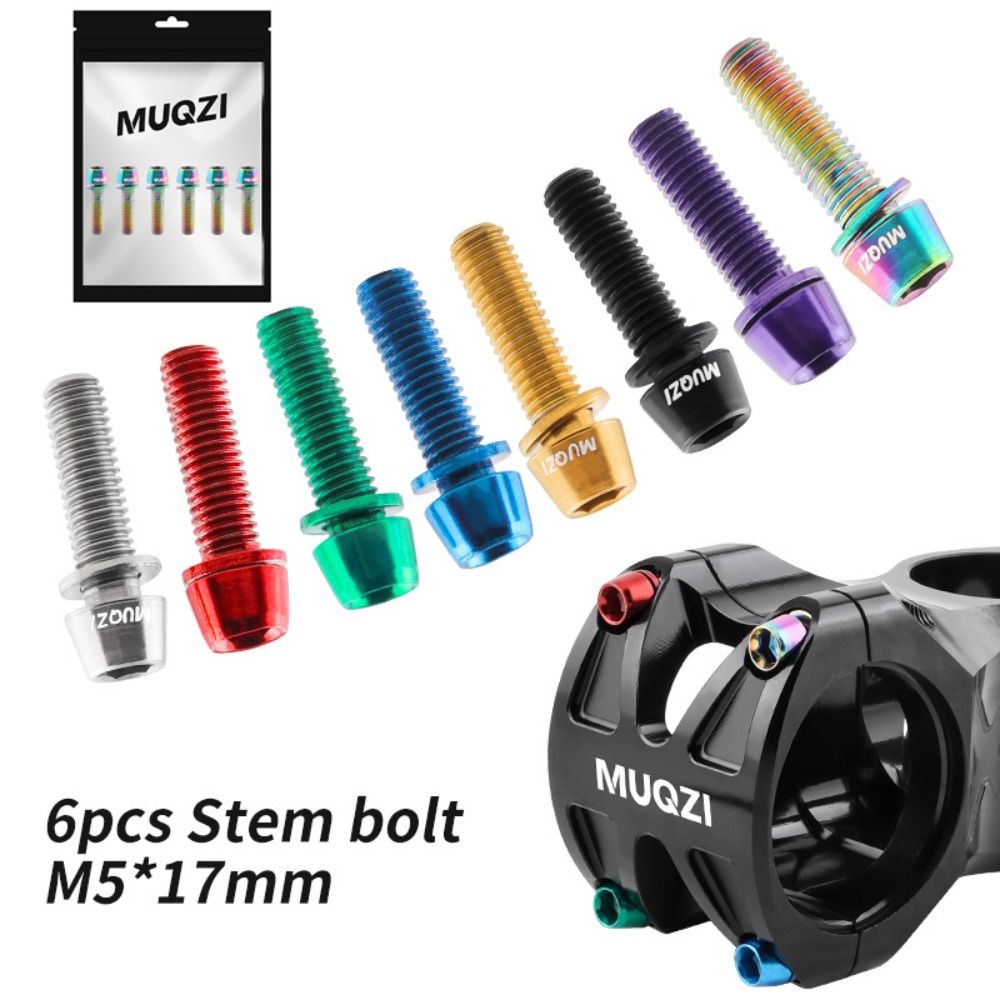 6PCS High Quality M5x17mm Stem Bolts MTB Road Bike with Washer Stem Screw Bicycle Handlebar Titanium-plated Steel Stem Riser Screw