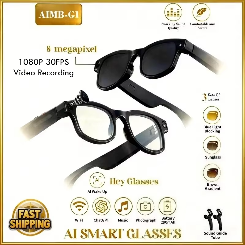 AIMB-G1 6K HD AI Smart Glasses - ChatGPT Integrated Voice Assistant - Real-Time Translation & Bluetooth Calling - HD Camera Video Recording Eyewear with Music Player & Interchangeable Lenses