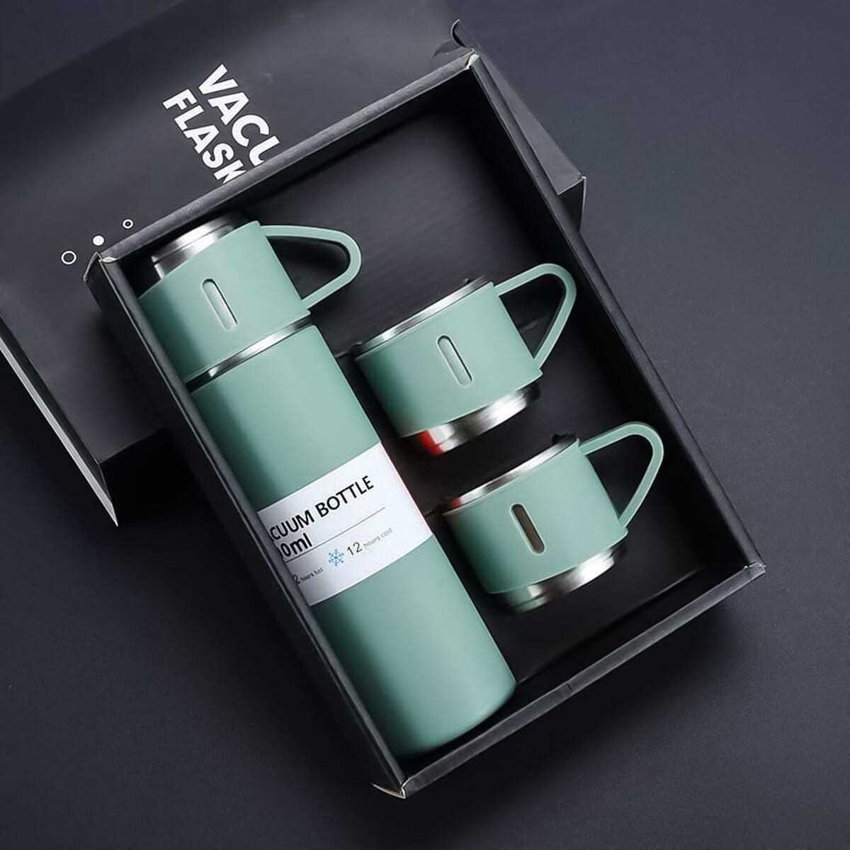 3 In 1 Vacuum Insulated Thermos, Stainless Steel Vacuum Flasks 500ml With 3 Cups Gift Set Bottle