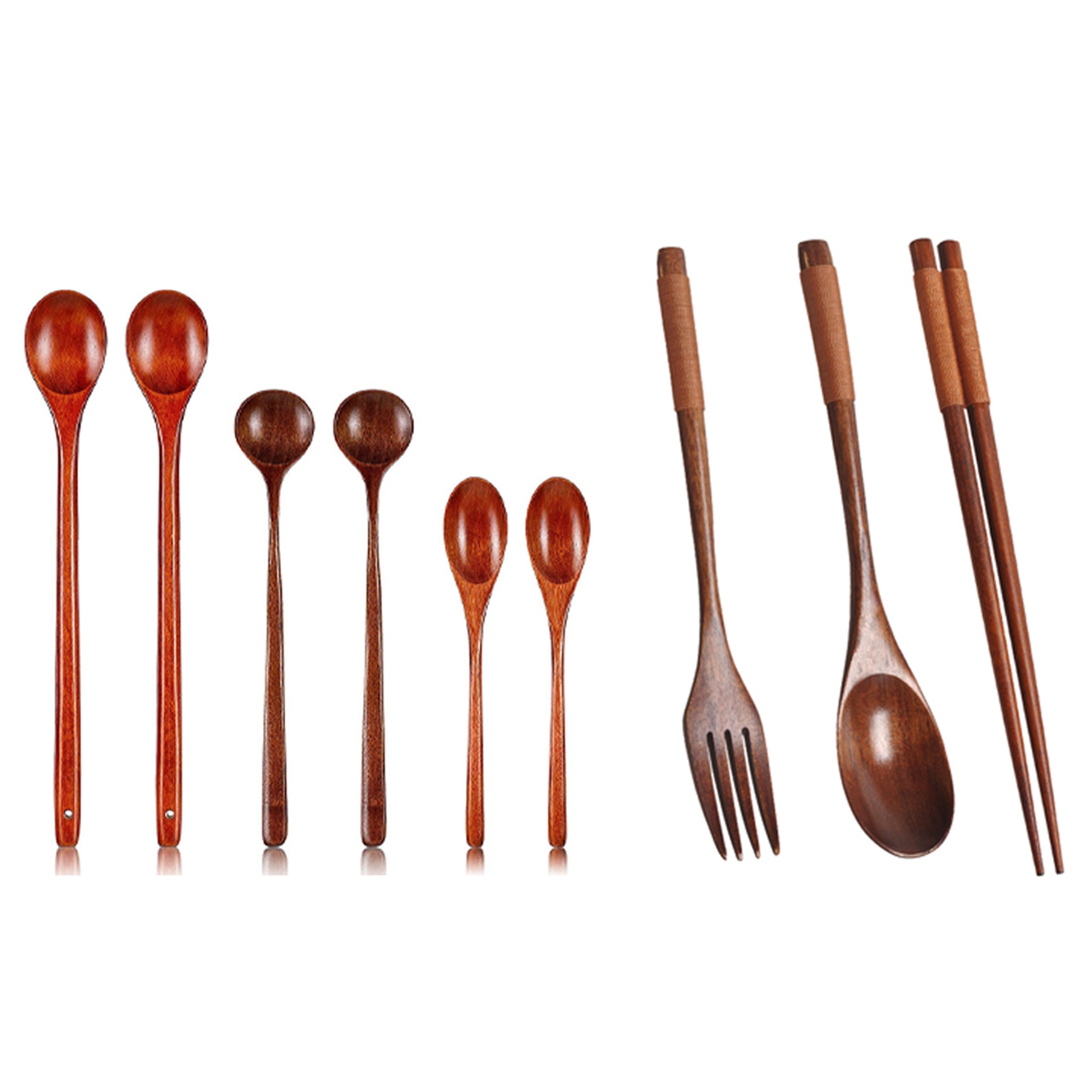 NAMUNY 1set Wooden Flatware Set, Wooden Portable Set Spoon Fork Chopsticks & 6 Pieces Wooden Spoons Long Handle Soup Spoons