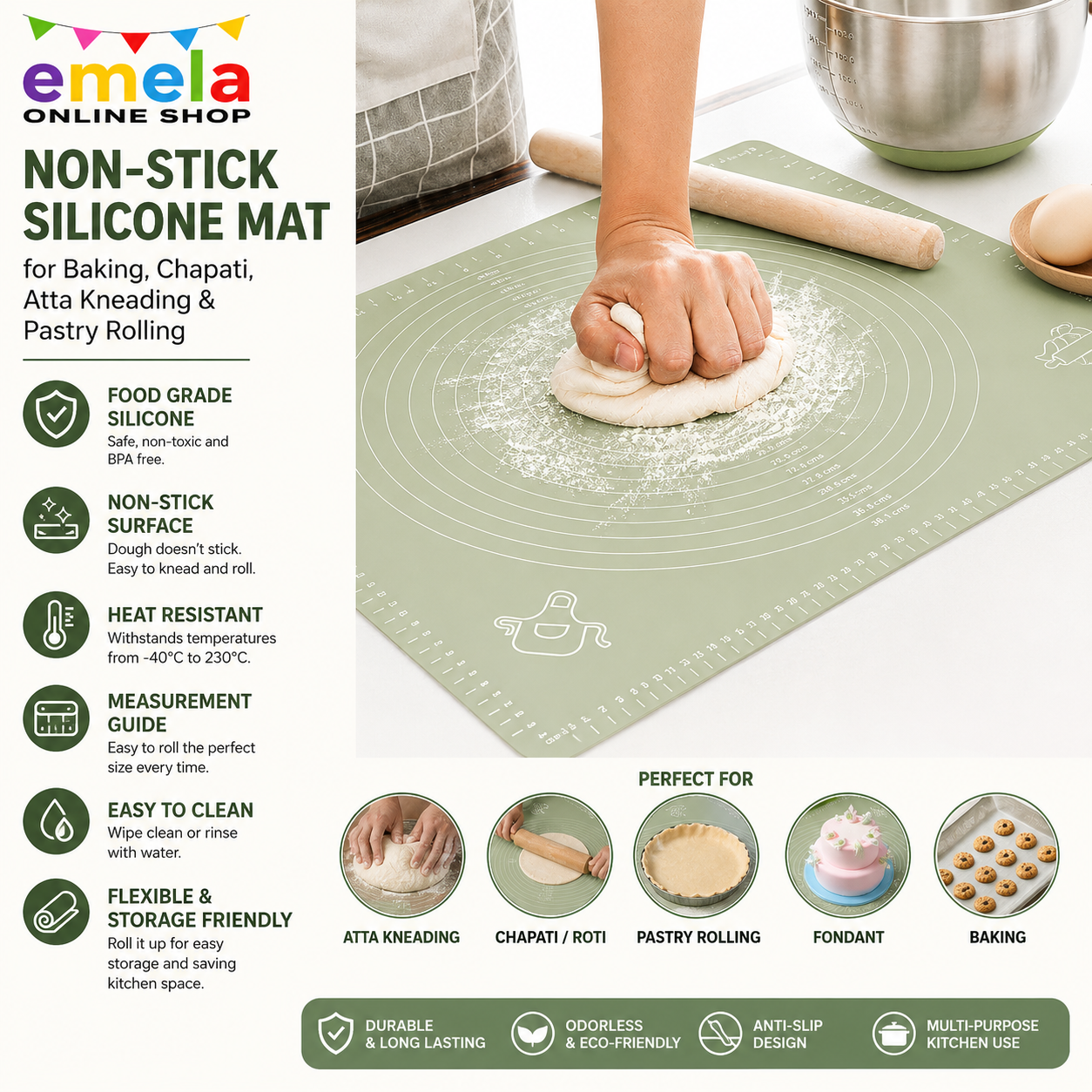 Non-Stick Kitchen Silicone Fondant Rolling Stretchable Mat For Baking, Chapati Atta Kneading, Pastry Rolling