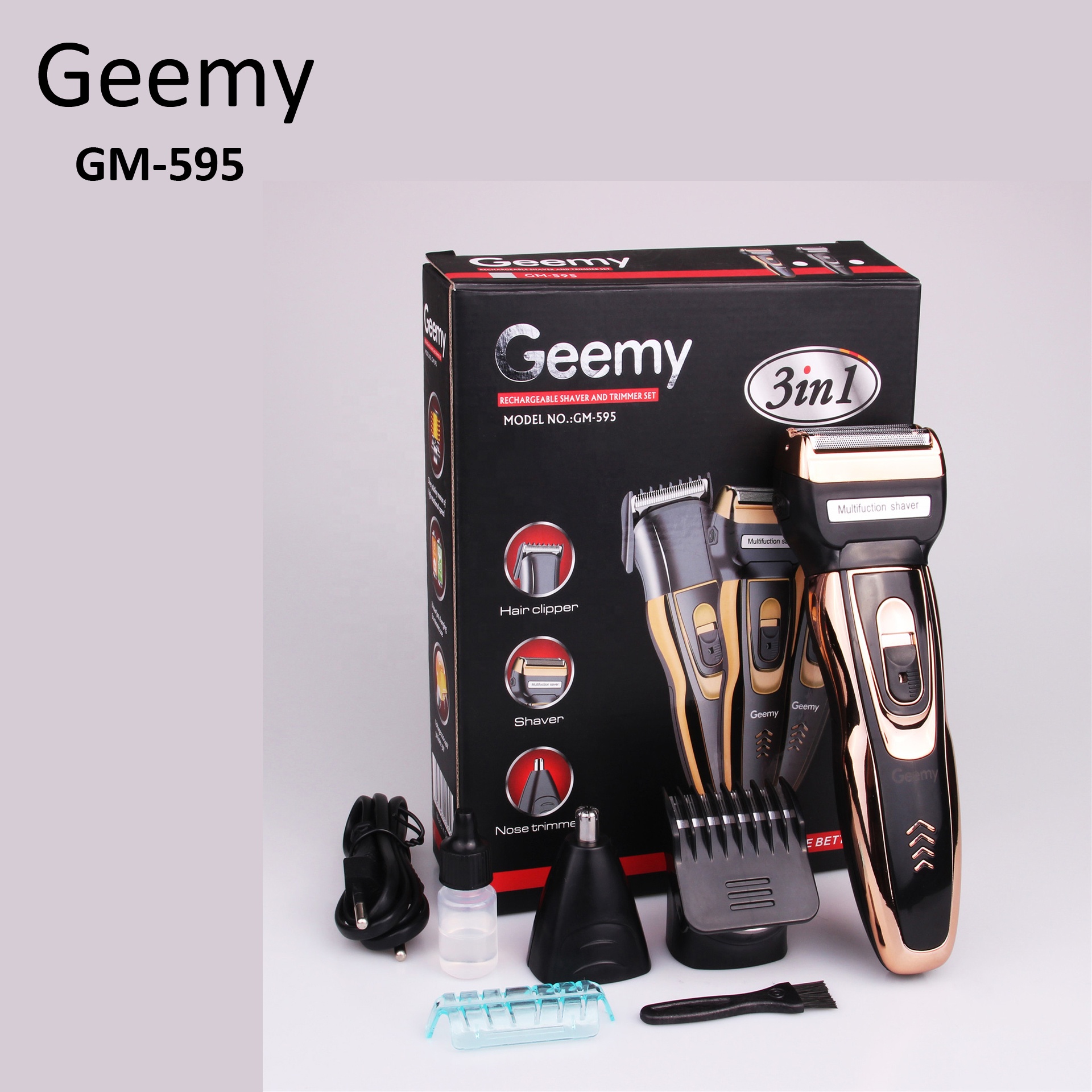 Original PROGEMEI GEEMY GM-595 3 IN 1 Professional Hair Trimmer Rechargeable Hair Clipper Nose Trimmer Shaver Cordless