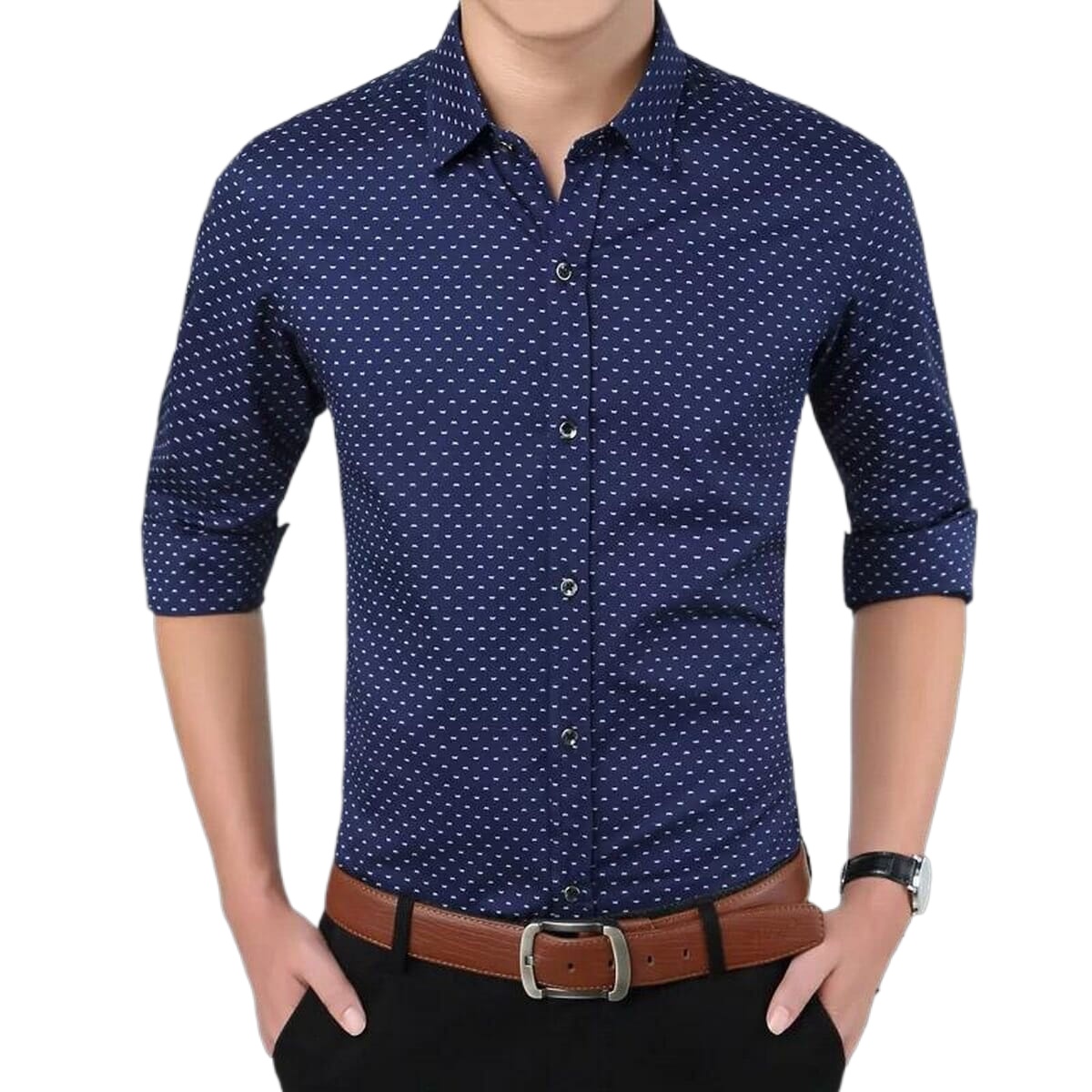 Dark Blue/White Tail Cotton Classic Printed Full Sleeves Shirt For Men