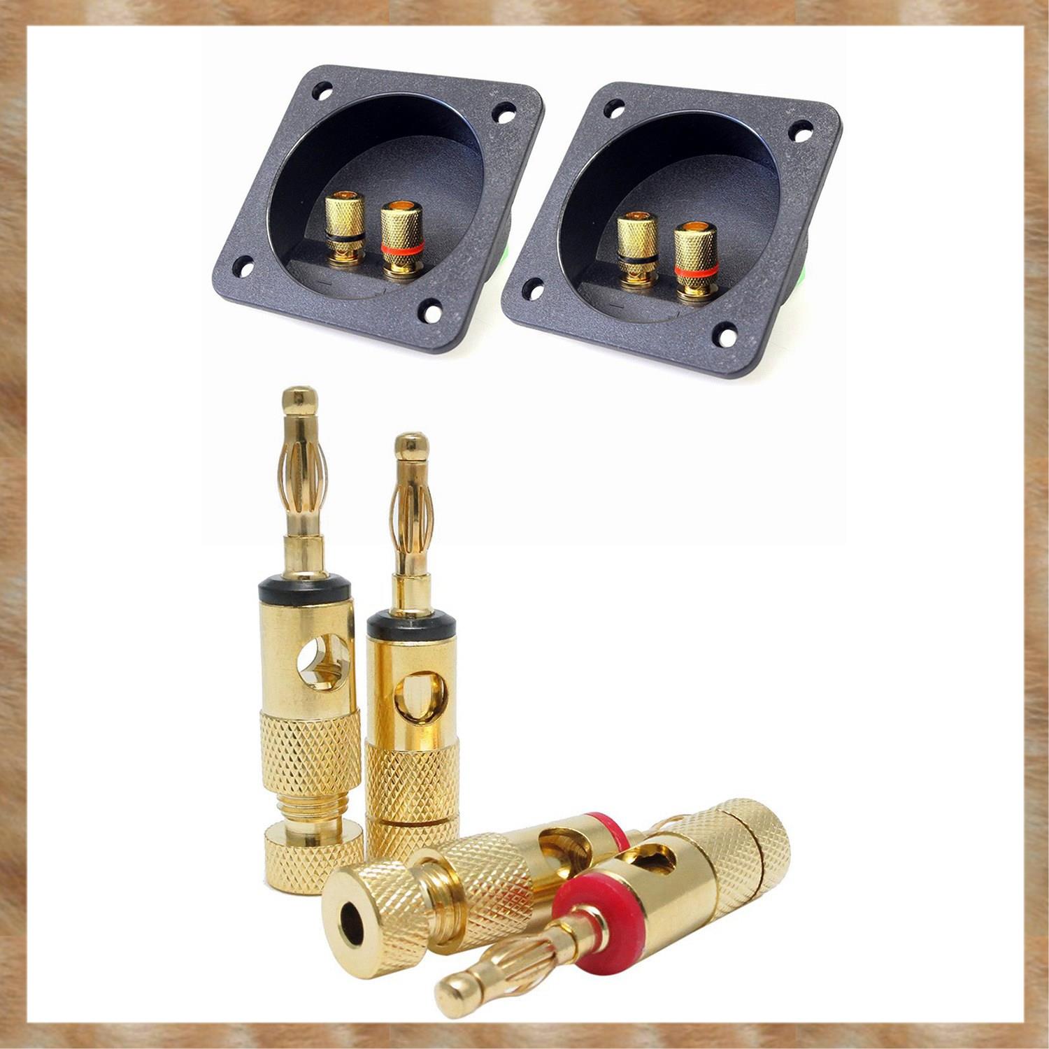 Kqueebee 6 Pcs Accessories: 4 Pcs Gold Plated Banana Plugs 4Mm LL68-4BP1 & 2 Pcs Car Stereo Screw Cup Connectors Subwoofer Plugs 2-Way Speaker Box Terminal Binding Post