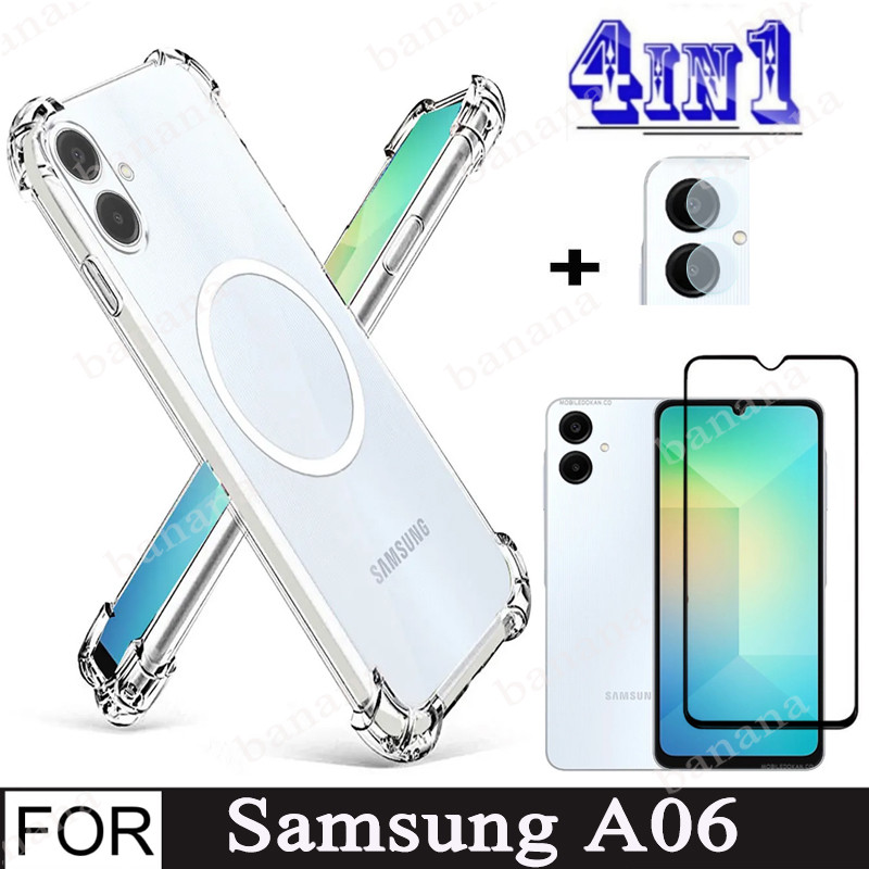 4IN1 Samsung Galaxy A06 กรณีสติกเกอร์แม่เหล็กกันกระแทกเคสโทรศัพท์สําหรับ Samsung A05 A06 A05s กระจกนิรภัยป้องกันหน้าจอฟิล์ม