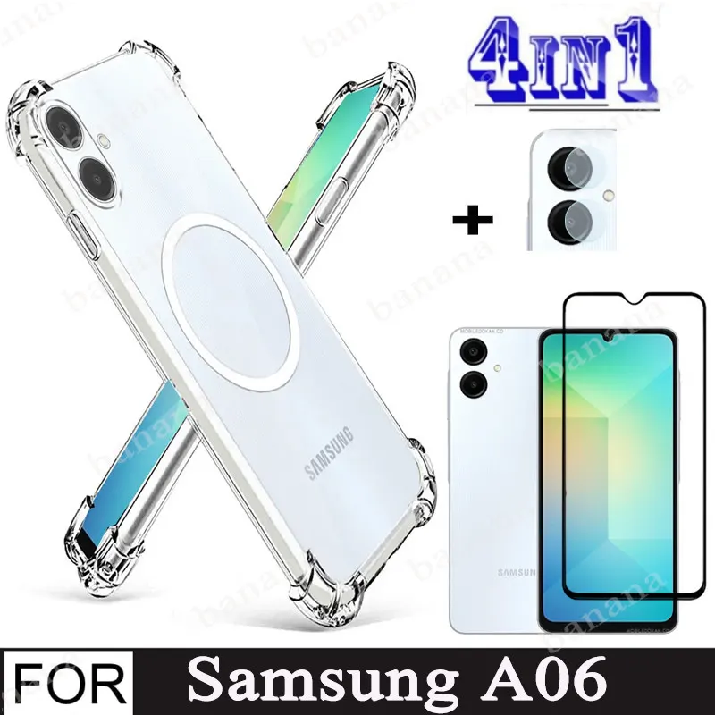 4in1 Samsung Galaxy A06 กรณีสติกเกอร์แม่เหล็กกันกระแทกเคสโทรศัพท์สําหรับ Samsung A05 A06 A05s กระจกนิรภัยป้องกันหน้าจอฟิล์ม
