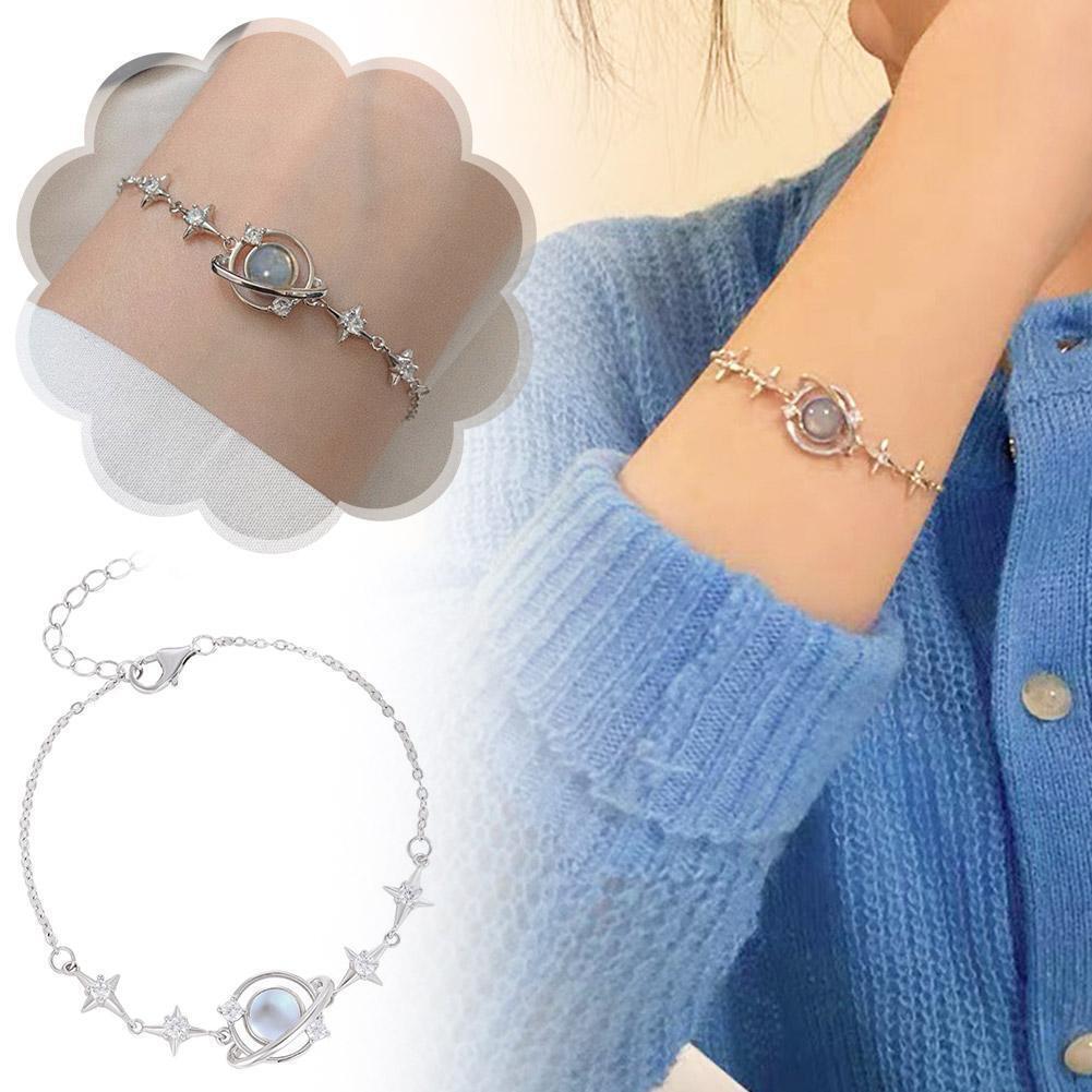 1 Piece Cute & Elegant Blue Opal Galaxy Space Bracelet /Delicate Zircon Starlight Bangles For Women - Silver